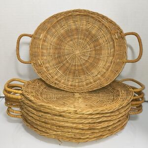 8 Vintage Wicker Rattan 9" Plate Holder W Handles~ Picnic, Holiday~ Boho Decor